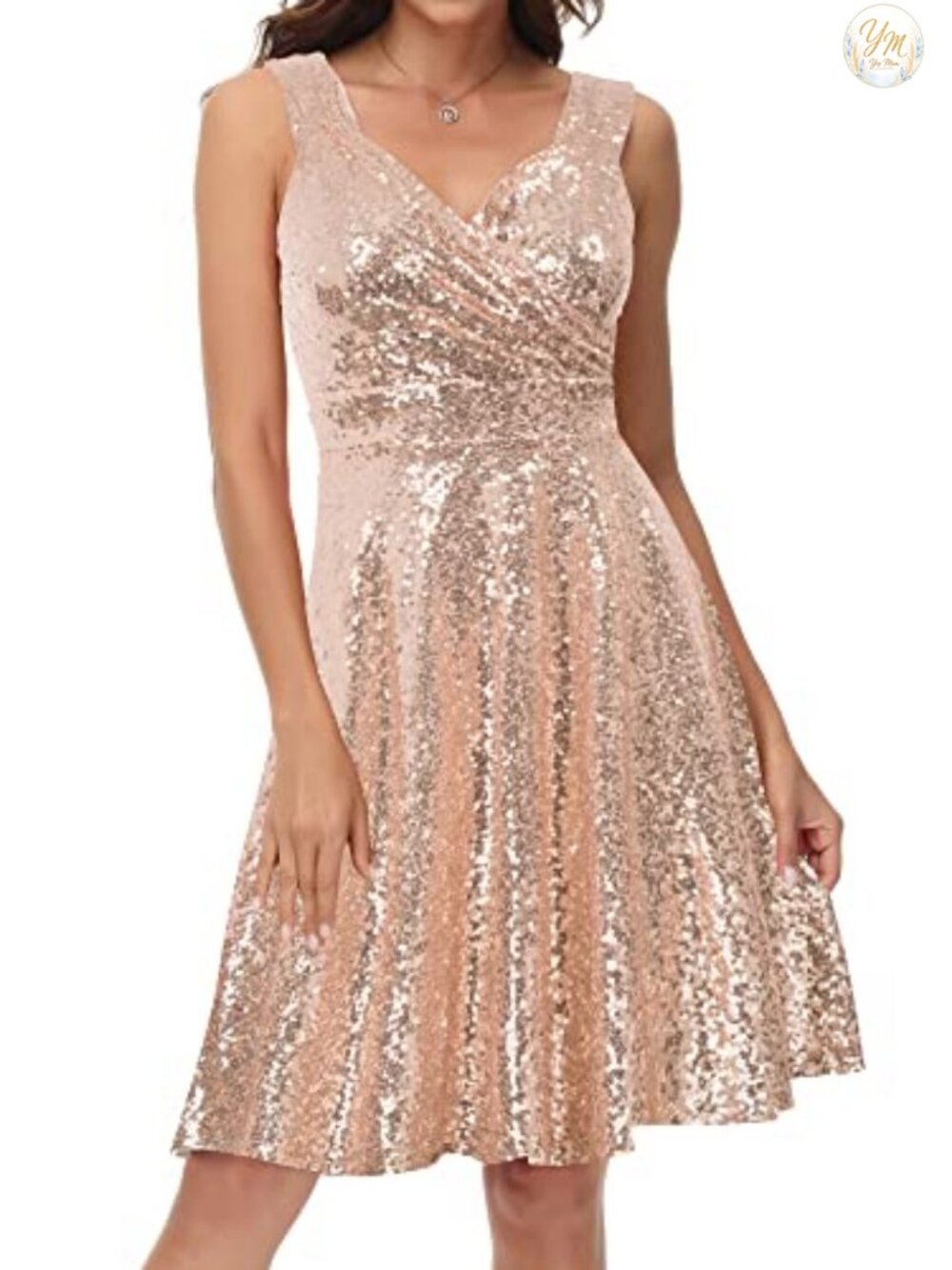 Sequin A-Line Midi Dress Sleeveless V-Neck Cocktail Party Formal